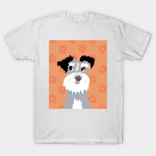 Salt and Pepper Miniature Schnauzer on Bright Orange Daisy Background T-Shirt